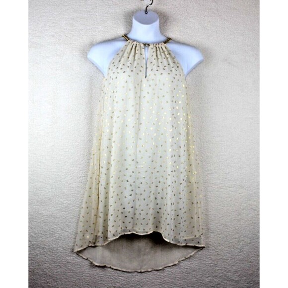 Michael Kors Size XS Beige Gold Print Hi Low Halter Dress Chain Collar - Picture 1 of 13